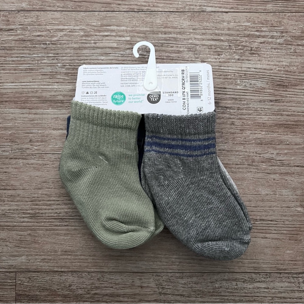 Carter's | Child Of Mine Baby Boy Socks | Variety 6 pk Qtr Crew Rib | 6-12 month - Picture 7 of 9